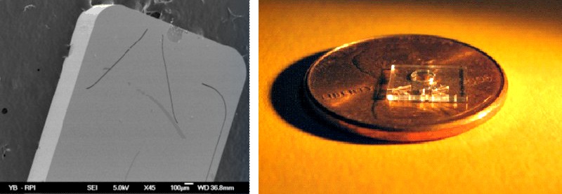 Micro-fabricated sensor: (Left) SEM view, the trenches are 14-microns wide and 500-microns deep. (Right) A finished device shown prior to fibers attachment.