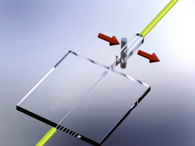 This model illustrates the test set-up used to measure the interferometer output as function of the notch flexure bend angle.  A sliding pin is brought in contact with the head (lug) of the flexure and pushes it away from its rest position.