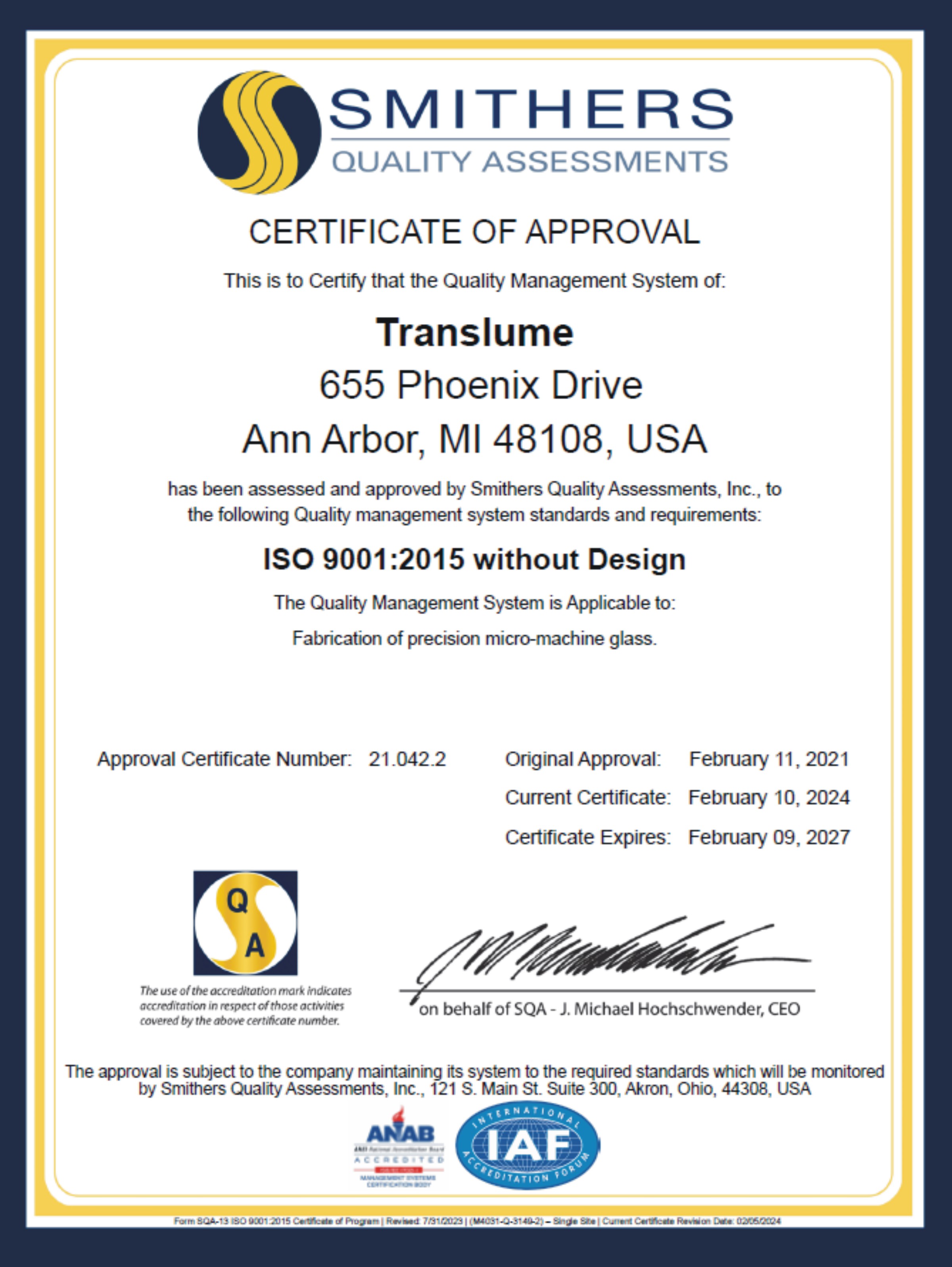 ISO certificate of approval